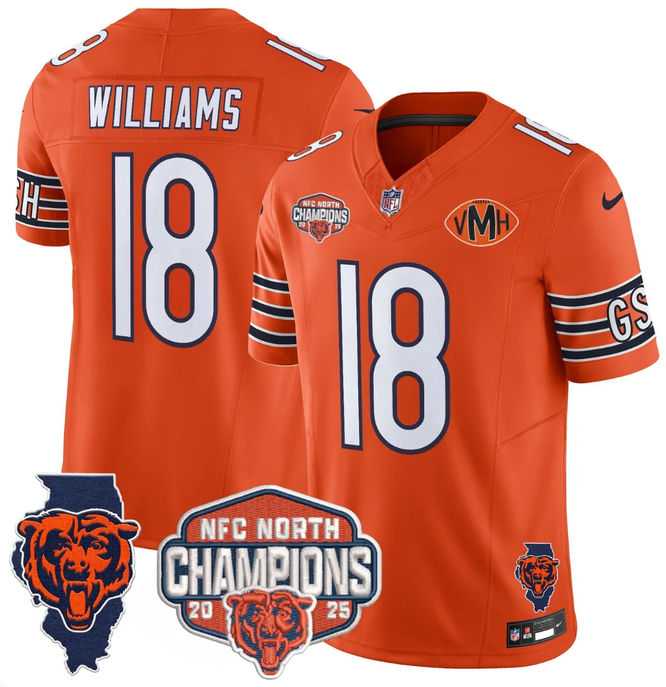 Men's Orange Chicago Bears #18 Caleb Williams F.U.S.E. 2025 NFC North Champions Patch Limited Stitched Football Jersey